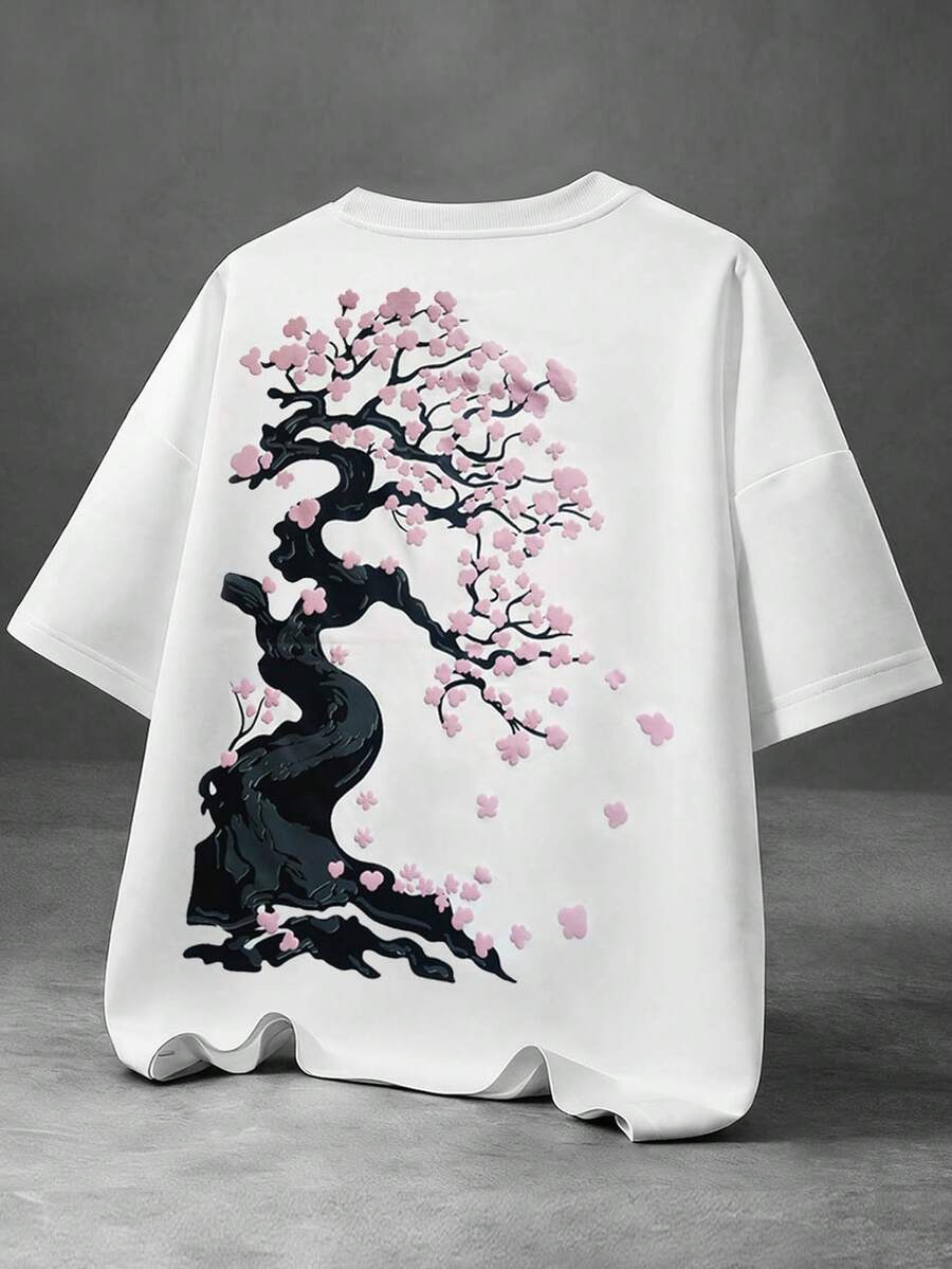 PAVTROS Men's Casual Cherry Blossom Graphic T-Shirt - White - View 1