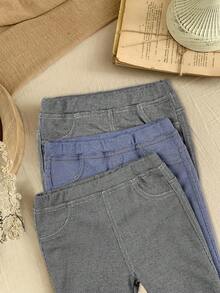 SHEIN LMoss Kids LMoss 女童三件套纯色针织打底裤休闲套装 - 黑色 - 查看 6
