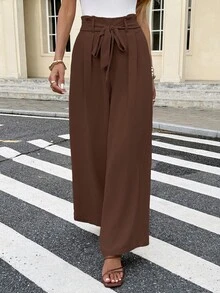 Serisse Paperbag Waist Belted Straight Bow Tie Wide Leg Pants - Brown - View 4