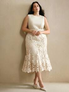 Anewsta 大码女士优雅无袖高腰蕾丝拼接镂空中长连衣裙，绿色 - 杏色 - 查看 6