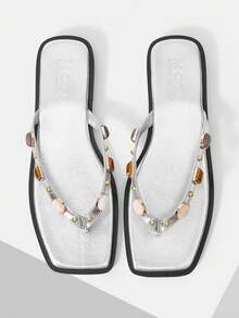 MOTF SPRING AND SUMMER NEW OUTDOOR WOMEN'S FLAT-BOTTOMED SQUARE TOE PINCH SLIPPERS WOMEN'S THICK-SOLED NON-SLIP CASUAL VERSATILE BEACH SANDALS - Silver - View 1