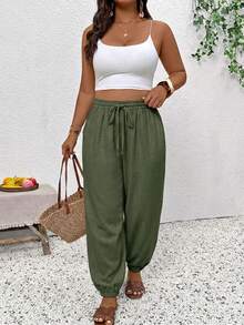 SHEIN Frenchy Plus Size Casual Solid Color Ruched Hem Pants - Green - View 6