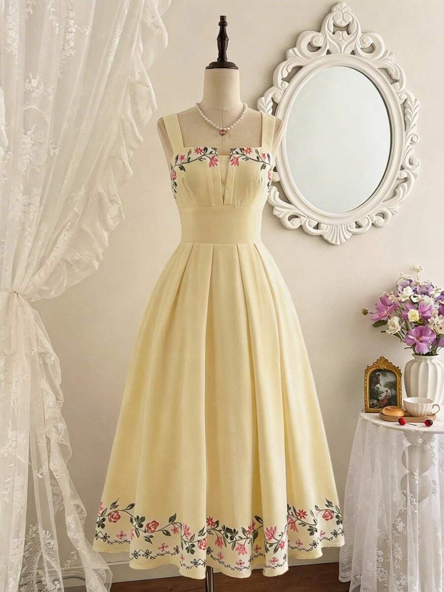 Vintamour Đầm nữ cổ điển thanh lịch, đầm thêu ôm dáng mùa xuân/hè, đầm trắng sữa dáng xòe. - Màu vàng - Xem 1