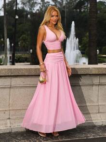 Sandy Gomes Women's Elegant V-Neck Camisole And High Waist Mesh Skirt 2-Piece Set, Spring/Summer Pink - Pink - View 5