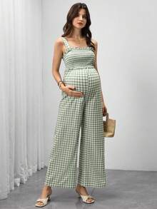 SHEIN Bộ áo liền quần không tay in họa tiết kẻ caro, có chức năng cho con bú, thích hợp cho bà bầu và kỳ nghỉ hè. - màu xanh lá - Xem 7