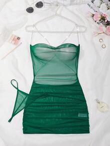 SomedayCozy 两件套女士性感露背紧身睡衣套装 - 墨綠色 - 查看 3