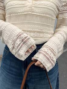 FRIFUL Women's Thin Sheer Lace Long Sleeve Casual Layering Top, Solid Color, Blend, Spring/Summer - Beige - View 6