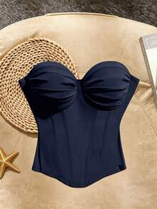 SHEIN Franclia 女士夏季时尚纯色褶皱抹胸上衣 - 藏蓝色 - 查看 1