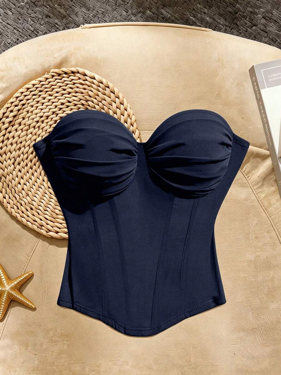 SHEIN Franclia 女士夏季时尚纯色褶皱抹胸上衣 - 藏蓝色 - 查看 1
