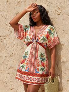 SHEIN SXY Đầm nữ cỡ lớn in họa tiết cây cọ, tay cánh dơi, thắt nơ phía trước, kiểu dáng thường ngày. - Nhiều màu - Xem 8