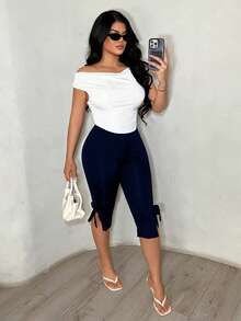 SHEIN SXY 海军蓝蝴蝶结腰七分裤 - 藏蓝色 - 查看 7