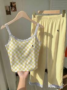 SHEIN EZwear Bộ đồ nữ màu vàng kem phối ren gồm áo hai dây và quần sọc, kiểu dáng thường ngày, thích hợp cho mùa tựu trường. - Vàng nhạt - Xem 4