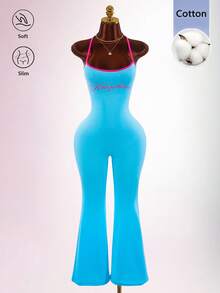Amplova Bộ jumpsuit ôm sát, không tay, dây chéo, phối màu tương phản, cổ yếm, hở lưng, gợi cảm, thêu họa tiết. - Màu xanh lam - Xem 9