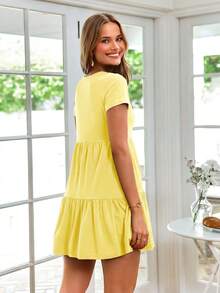 KARISMINA Women's Solid Color Round Neck Short Sleeve Ruffle Hem Casual Dress,Casual Dresses For Women - Pale Yellow - View 2