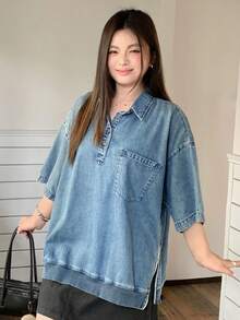 Dazy Plus 大尺碼藍色水洗寬鬆 Polo 領休閒西式牛仔女郎短袖上衣，大尺碼夏季校園風 - 中等水洗藍 - 查看 7