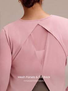 GLOWMODE Plus Size Crewneck Short Sleeve Quick-Dry Cooling Breathable Mesh Panel Relaxed Fit Slit Back Plus Size Active Top Gym Running Training Fitness Wear - Rusty Rose - View 3