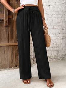 SHEIN PETITE CURVE Quần dài xếp ly cạp chun màu trơn dành cho nữ cỡ lớn, thích hợp cho kỳ nghỉ, đi làm hàng ngày, đa năng. - màu đen - Xem 4