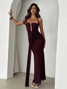 Aloruh Women's Burgundy Deep V-Neck Tie-Up Ruched Dress, Spring/Summer Event Formal Formal,Wedding Vacation Guests,Dresses For Women Summer Elegant - Purple - View 6