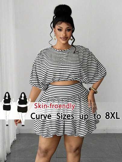 SHEIN CURVE+ Plus Size Women's Vintage Party & Holiday Short Sleeve Top And Ruffle Mini Skirt 2-Piece Set