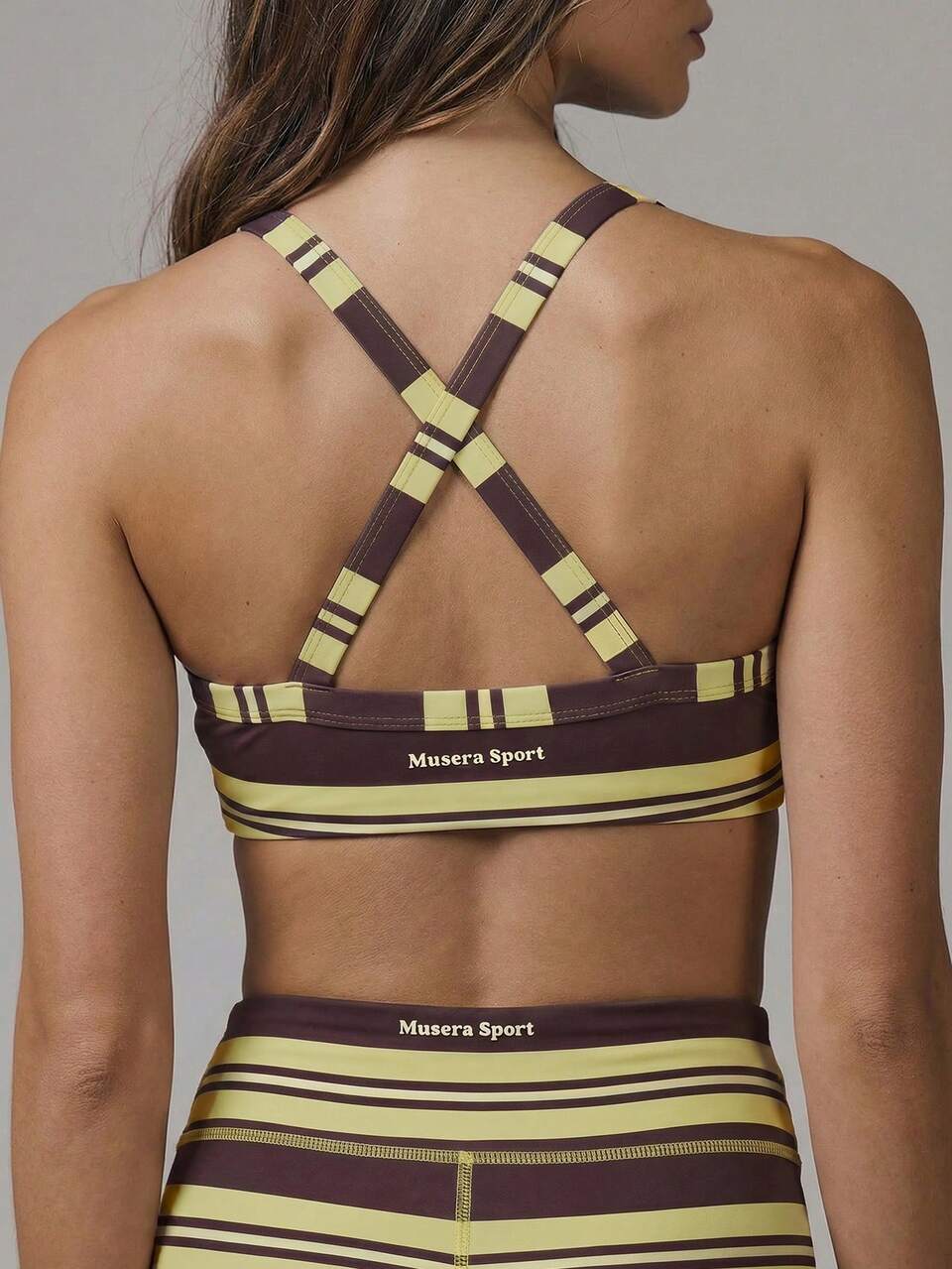 Active Stripe Plunge Scoop Neck Cross Back Strappy -Wear S Bra Only Workout Gym Cute Pilates Fitness Daily Girly Casual
