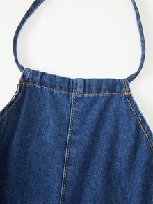 SHEIN Holidaya Đầm denim cổ yếm hở lưng dành cho nữ - Màu xanh lam - Xem 4