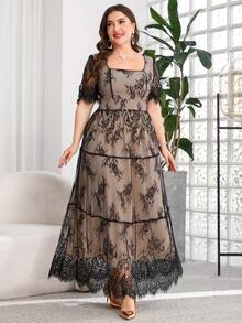 SHEIN Clasi Plus Size Elegant Lace Double-Layer Dress - Black - View 6