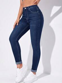 SHEIN Essnce Quần jeans nữ dáng ôm màu xanh dương, đa năng, phù hợp đi làm, dã ngoại và đi nghỉ mát, điểm nhấn là nơ trắng ở gấu quần. - Rửa tối - Xem 2