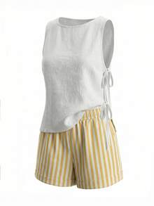 INAWLY Plus Size Beach Vacation Casual Home Comfortable Side Tie Linen Blend Tank Top - White - View 3