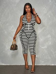 Slaydiva Jumpsuit Wanita Ukuran Plus Tanpa Lengan Model Halter Warna Hijau Alpukat Terbaru Musim Semi/Panas dengan Simpul Ikat, Leher V Dalam, dan Potongan Sebagian, Terbuat dari Kain Rajut Bergaris Elastis Tinggi - Hitam dan Putih - View 7