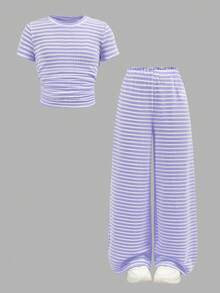 SHEIN Tween Girls' Casual Yellow White Striped Tank Top And Shorts Set,Comfortable&Minimalist Two Pieces Short Summer Clothes - Purple - View 12