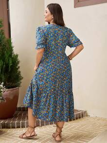 Comfylo Plus Size Floral Print Round Neck Short Sleeve Dress, Summer Holiday Vacation Light Blue Cottage Core - Multicolor - View 2