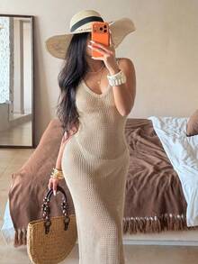 Breezaya Bộ bikini gợi cảm mới, trang phục đi biển thường ngày thoải mái, váy dệt kim tối giản không tay, phong cách thanh lịch thường ngày, chất liệu lưới, phong cách Pháp sang trọng, gợi cảm, phong cách Bohemian, váy len cao cấp đa năng dành cho nữ. - Rượu sâm banh - Xem 3