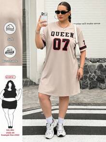 SHEIN CURVE+ 大码音乐节T恤，休闲简约大码莲花纯色圆领宽松短袖连衣裙，适合夏季穿着 - 杏色 - 查看 1