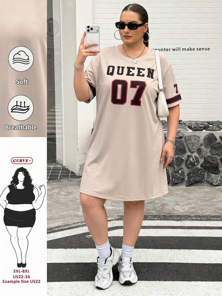 SHEIN CURVE+ 大码音乐节T恤，休闲简约大码莲花纯色圆领宽松短袖连衣裙，适合夏季穿着 - 杏色 - 查看 1