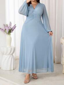 Modelyn Plus Size Women Contrast Lace V-Neck Lantern Sleeve Elegant Dress - Mint Blue - View 7
