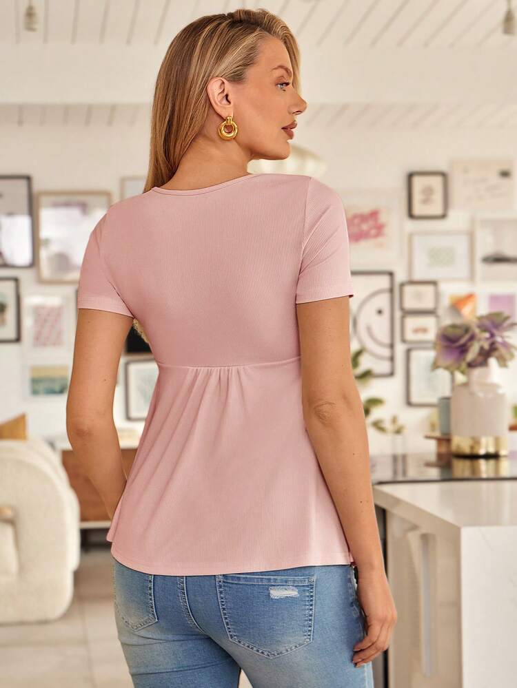 SHEIN Maternity Casual Solid Color Twist Front T-Shirt, Summer Baby Shower - Pink - View 2
