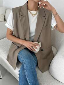 DAZY Women's Solid Color Lapel Double-Breasted Casual Sleeveless Business Blazer,Fall Clothes - Khaki - View 1