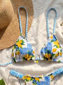 Swim Mod 两件套女士夏季沙滩装，时尚可爱性感度假泳装，随机柠檬、水果、条纹印花露背系带吊带上衣和褶皱比基尼泳裤 - 彩色 - 查看 5