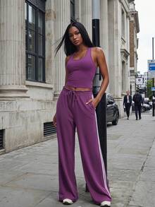 Normani Conjunto de 2 piezas de top de tirantes y pantalones de unicolor casual para mujer - Morado - Ver 2
