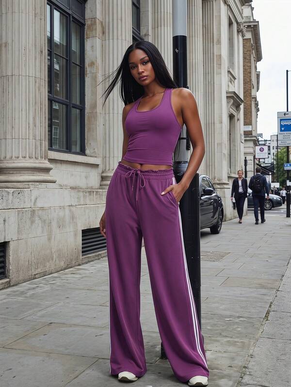 Normani Conjunto de 2 piezas de top de tirantes y pantalones de unicolor casual para mujer