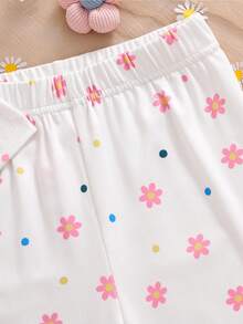 SHEIN 2pcs Set Piyama Rajut Lengan Pendek Motif Kartun Hewan & Bunga Kecil untuk Anak Perempuan - Putih - View 5