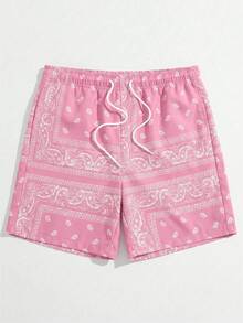 Manfinity VCAY Quần short nam mùa hè đi biển, họa tiết Paisley, cạp chun, có dây rút. - Hồng - Xem 5
