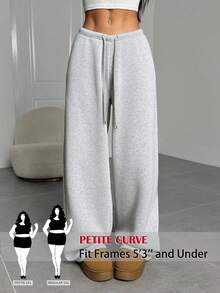 SHEIN PETITE CURVE 大尺碼女款純色抽繩腰寬腿鬆垮休閒柔軟運動褲 冬季健身 正式度假 灰色 - 淺灰色 - 查看 1