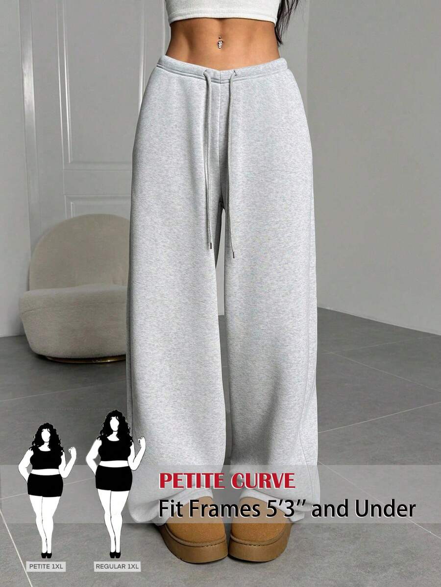 SHEIN PETITE CURVE 大尺碼女款純色抽繩腰寬腿鬆垮休閒柔軟運動褲 冬季健身 正式度假 灰色 - 淺灰色 - 查看 1