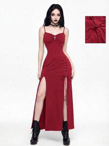 ROMWE Goth Gaun Camisole Bodycon Seksi Belahan Tinggi dengan Dekorasi Salib Gotik untuk Acara Keluar Malam Musim Panas Warna Burgundy - Burgundy - View 6