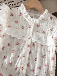 SHEIN Genkimix Kids 女童休閒碎花荷葉邊泡泡袖短袖上衣，適合夏季休閒外出 - 白色 - 查看 2