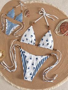 Swim Mod 2026 New Double-Sided Wearable Women Swimwear Set, Island Beach Resort Bikini Swimwear With Scrunchie, Casual Printed Random Versatile Sexy Halter Triangle Female Swimwear - Multicolor - View 2