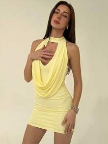 Nuevo vestido mini ajustado sin mangas con cuello asimétrico drapeado de malla para mujeres jóvenes sexy en color marrón, adecuado para mujeres, fiestas, bodas, vacaciones, unicolor - Amarillo claro - Ver 10