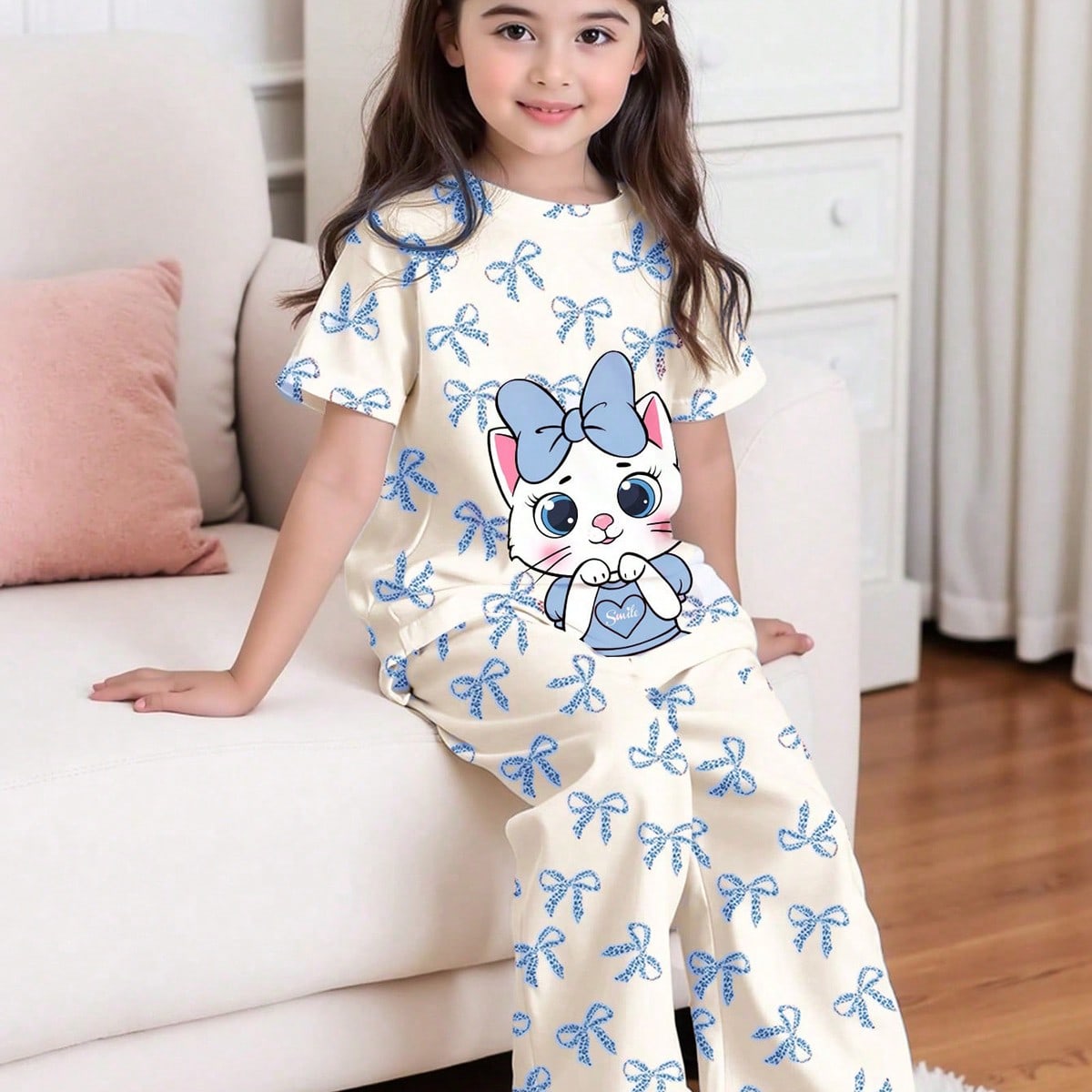 Blanco crema y azul crema, estampado de gato lindo, conjunto de top de manga corta de cuello redondo y pantalones de ajuste delgado para niñas jóven