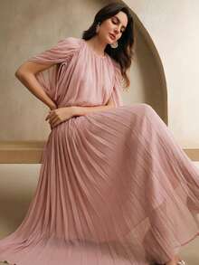 Anewsta Conjunto de 2 piezas de top elegante y romántico con drapeado y falda midi plisada y acampanada de moda para mujer - Rosa - Ver 5